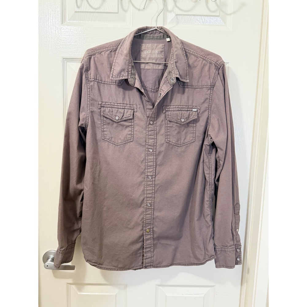 Guess Mens Long Sleeve Snap Front Western Shirt Mauve Purple Ripstop Large